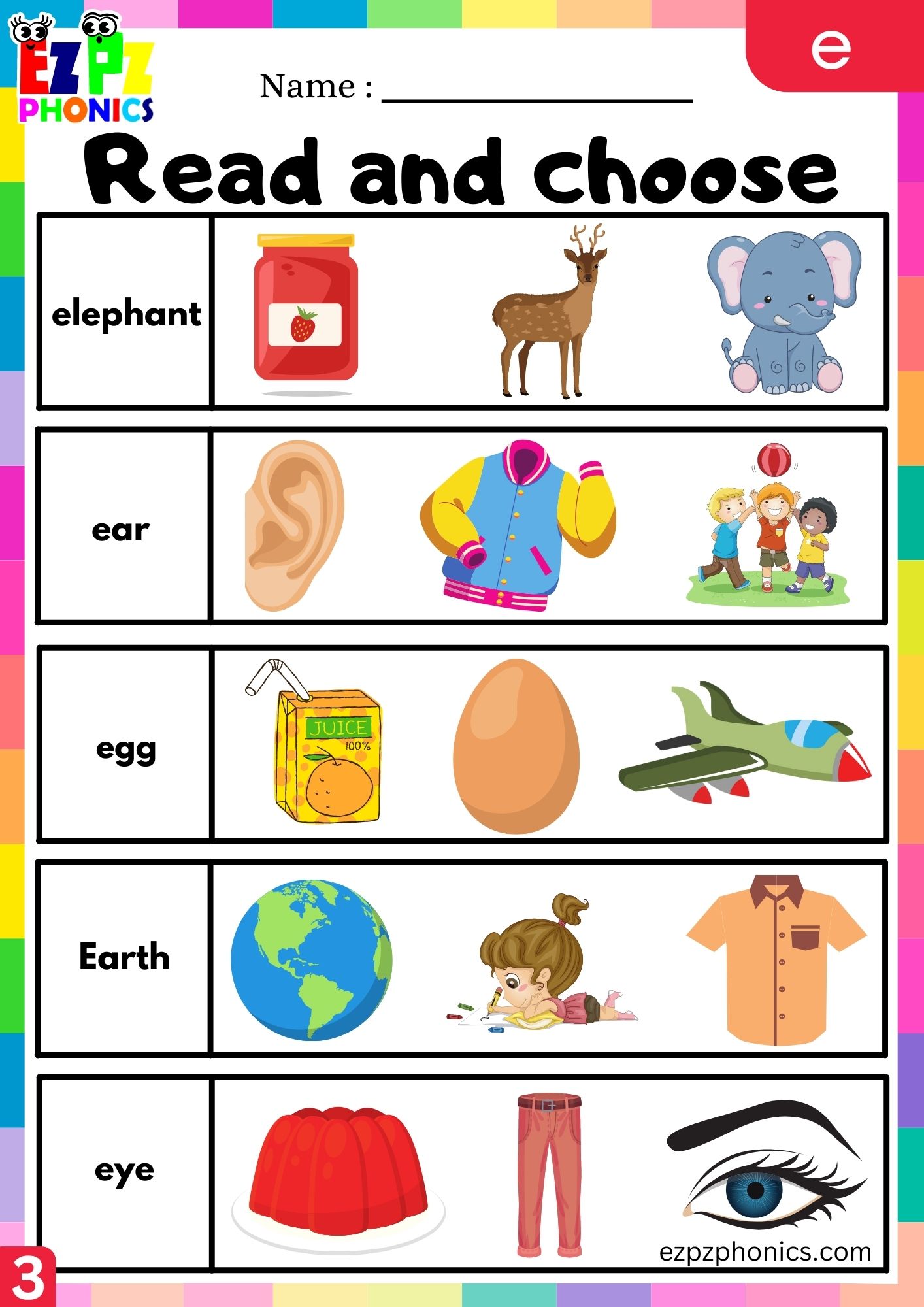 Letter e Read and Choose Group Phonics Activity Group 3